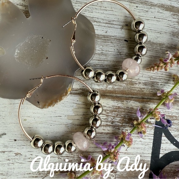Alquimia Silver and Pink Quartz big beads Hoop Earrings - Picture 1 of 1